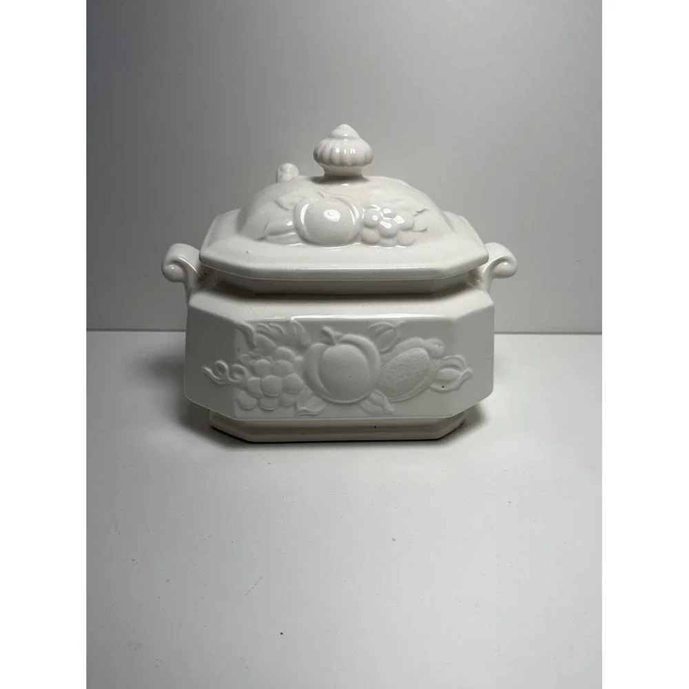Vintage Glazed Ceramic Tureen‎ Made in Japan • White Fruit Design • Lid & Spoon
